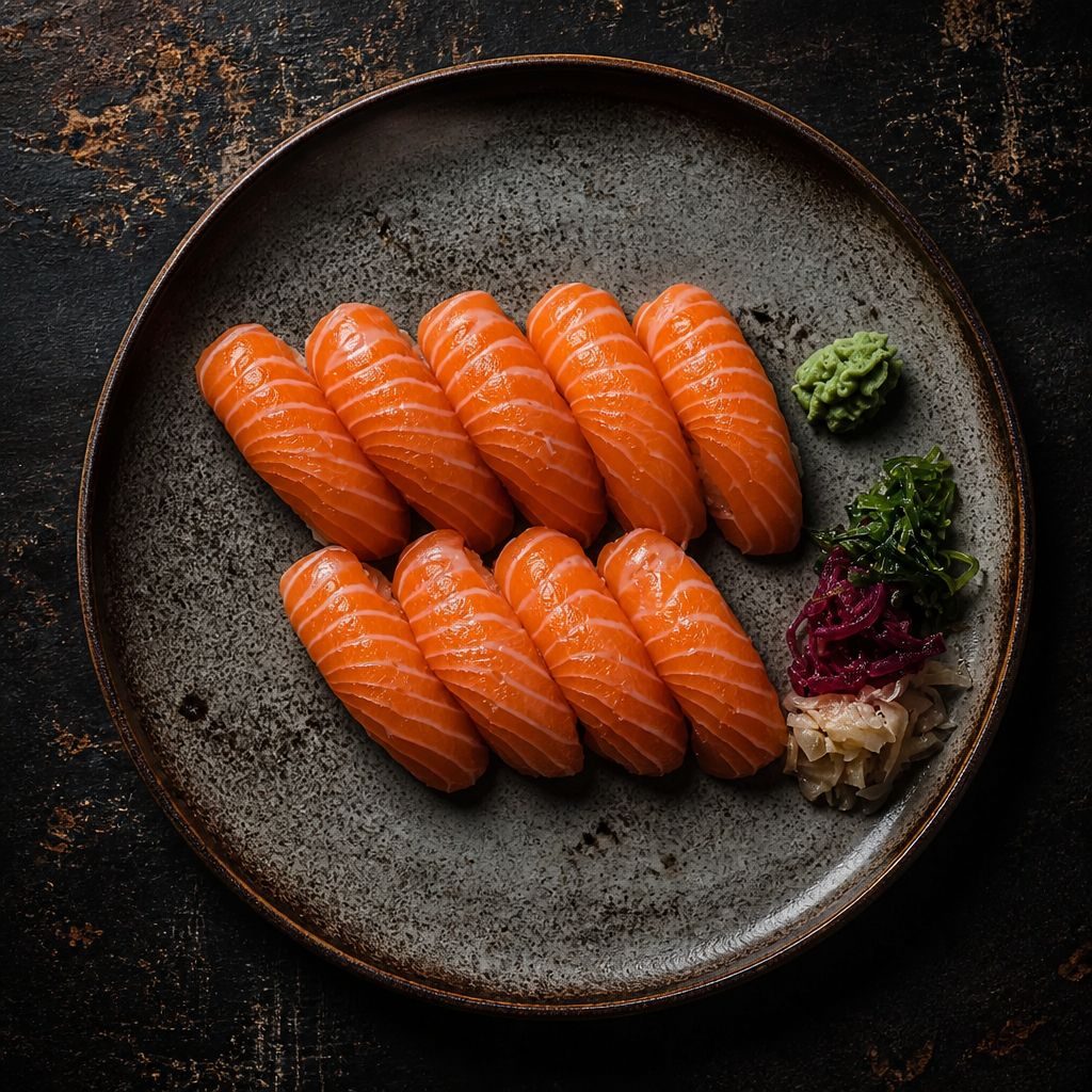 Laxnigiri på mörkt fat