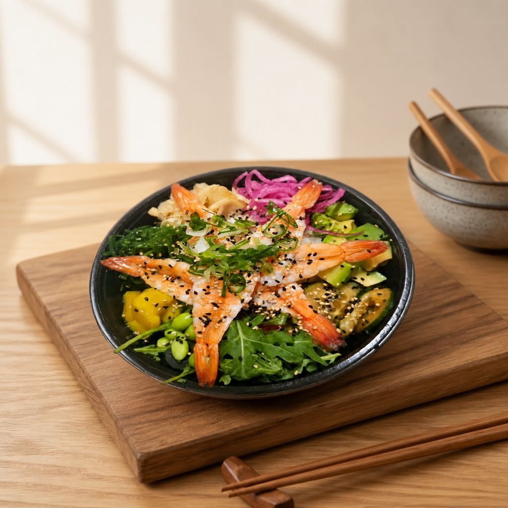 Poké bowl med ris och grönt